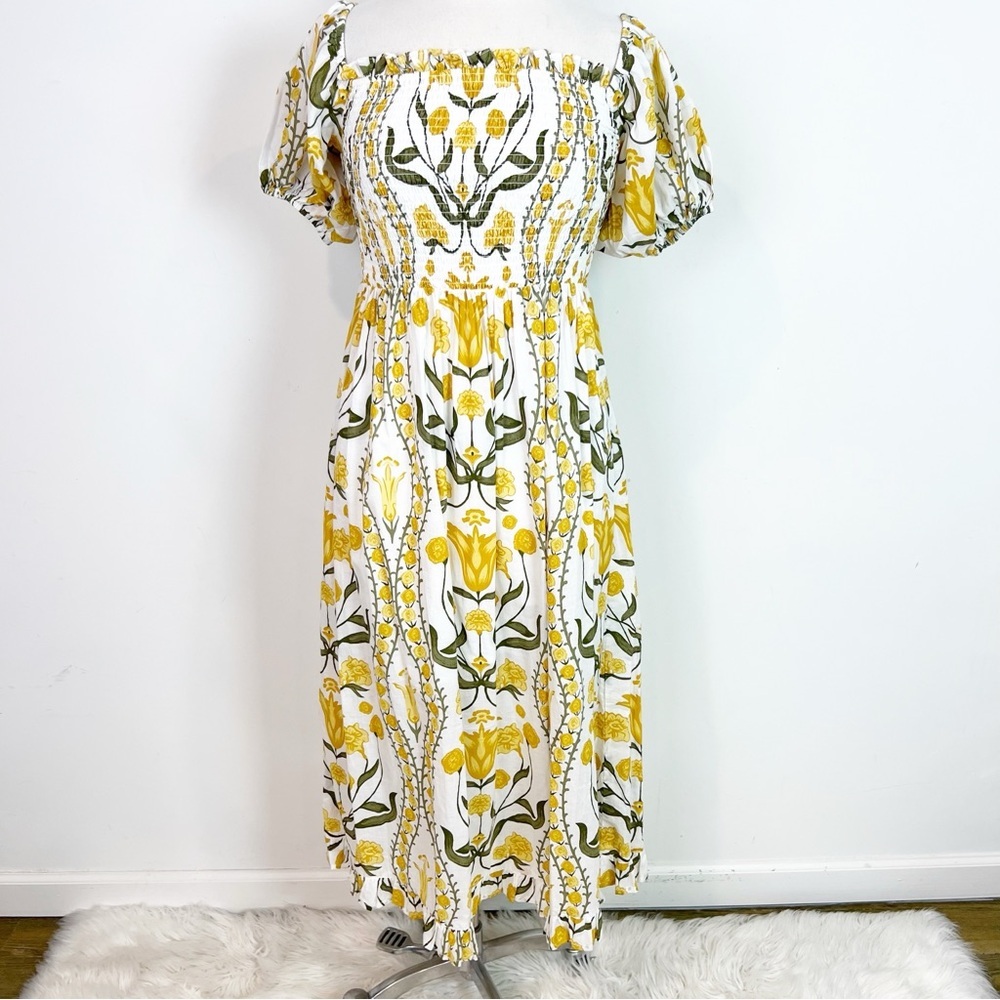 BEYOND BY VERA YELLOW GREEN FLORAL SMOCKED SHORT PUFF SLEEVE MIDI DRESS MEDIUM - Picture 2 of 5